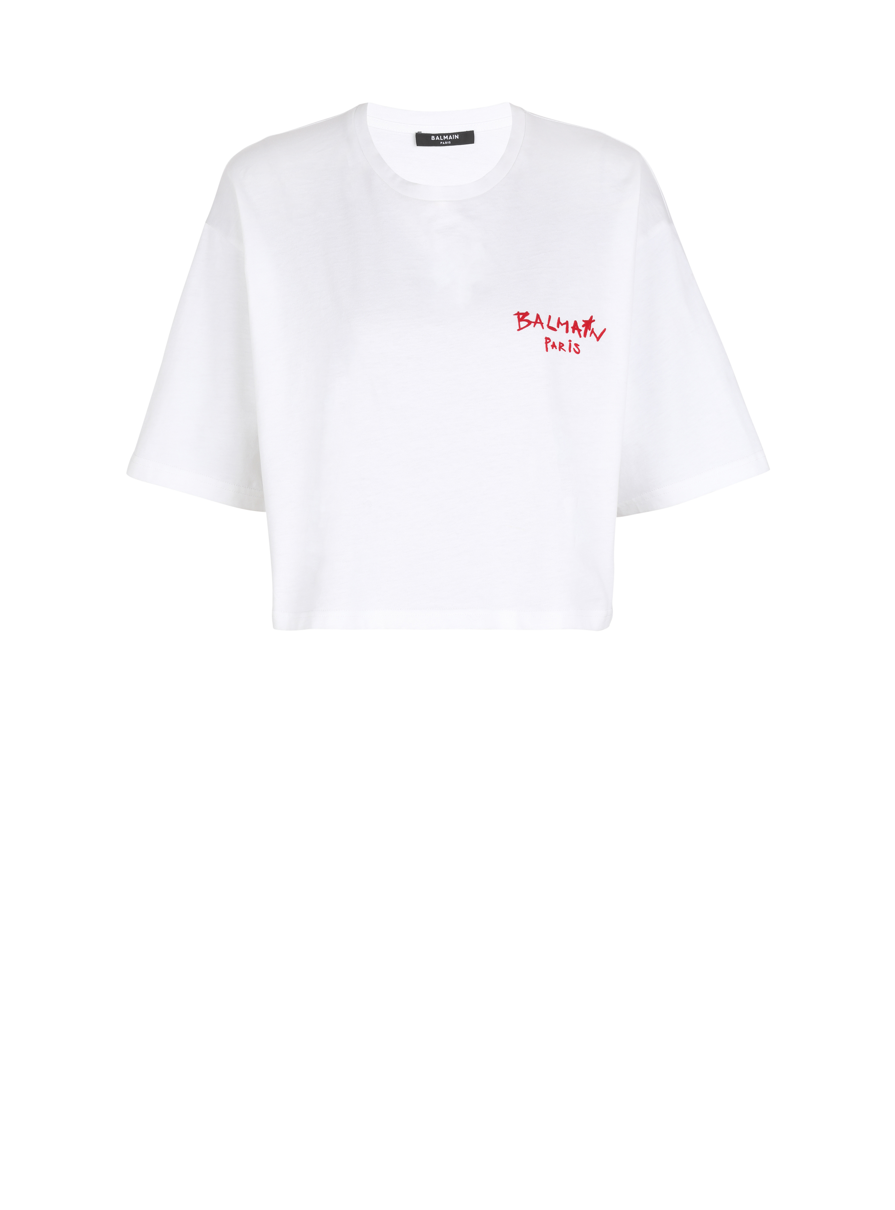 Cropped-T-Shirt aus Baumwolle mit kleinem geflocktem Balmain-Graffiti-Logo, WeiB