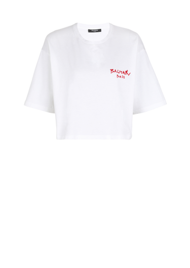 Cropped-T-Shirt aus Baumwolle mit kleinem geflocktem Balmain-Graffiti-Logo