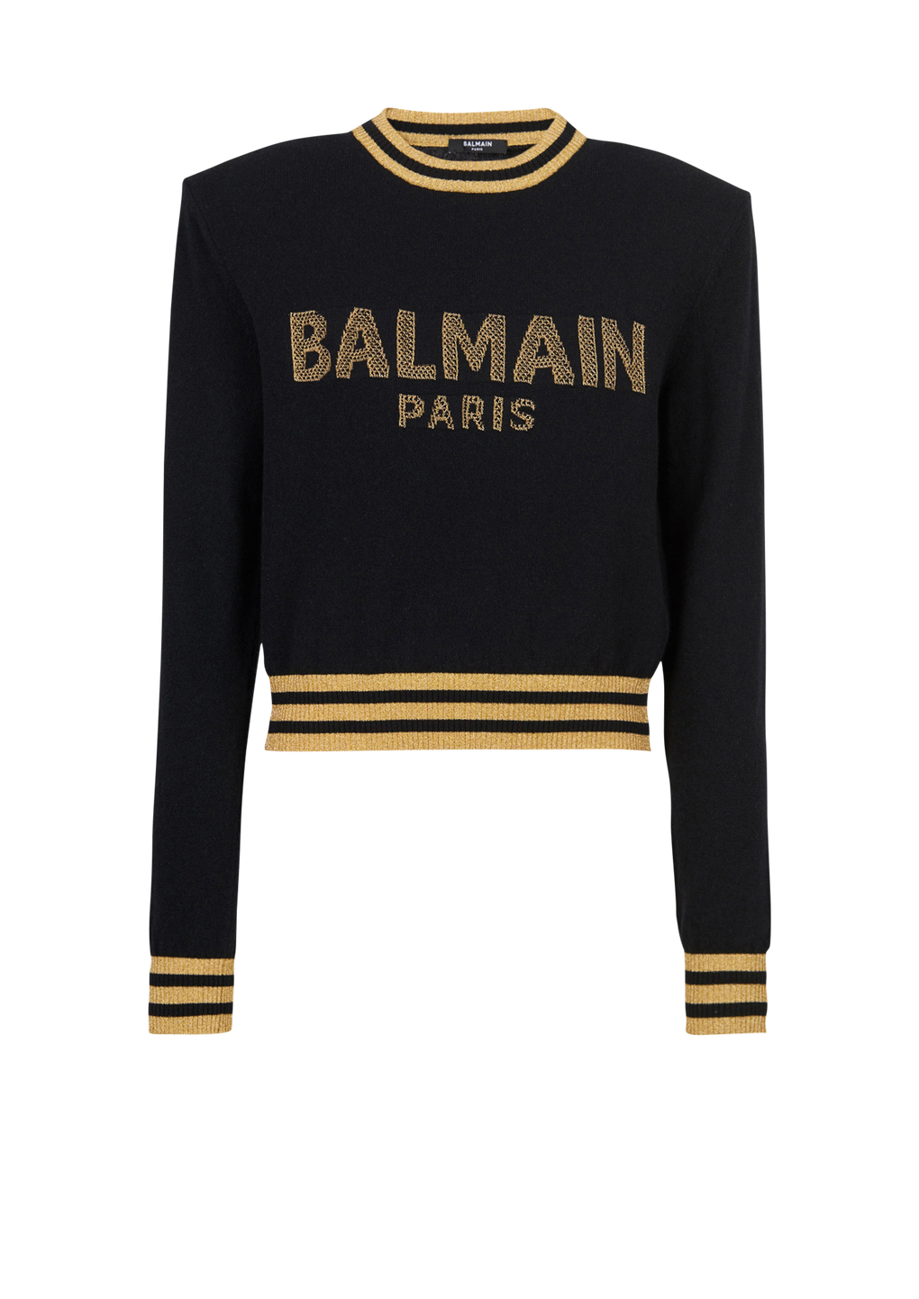 Cropped wool sweatshirt with gold Balmain logo, black, hi-res