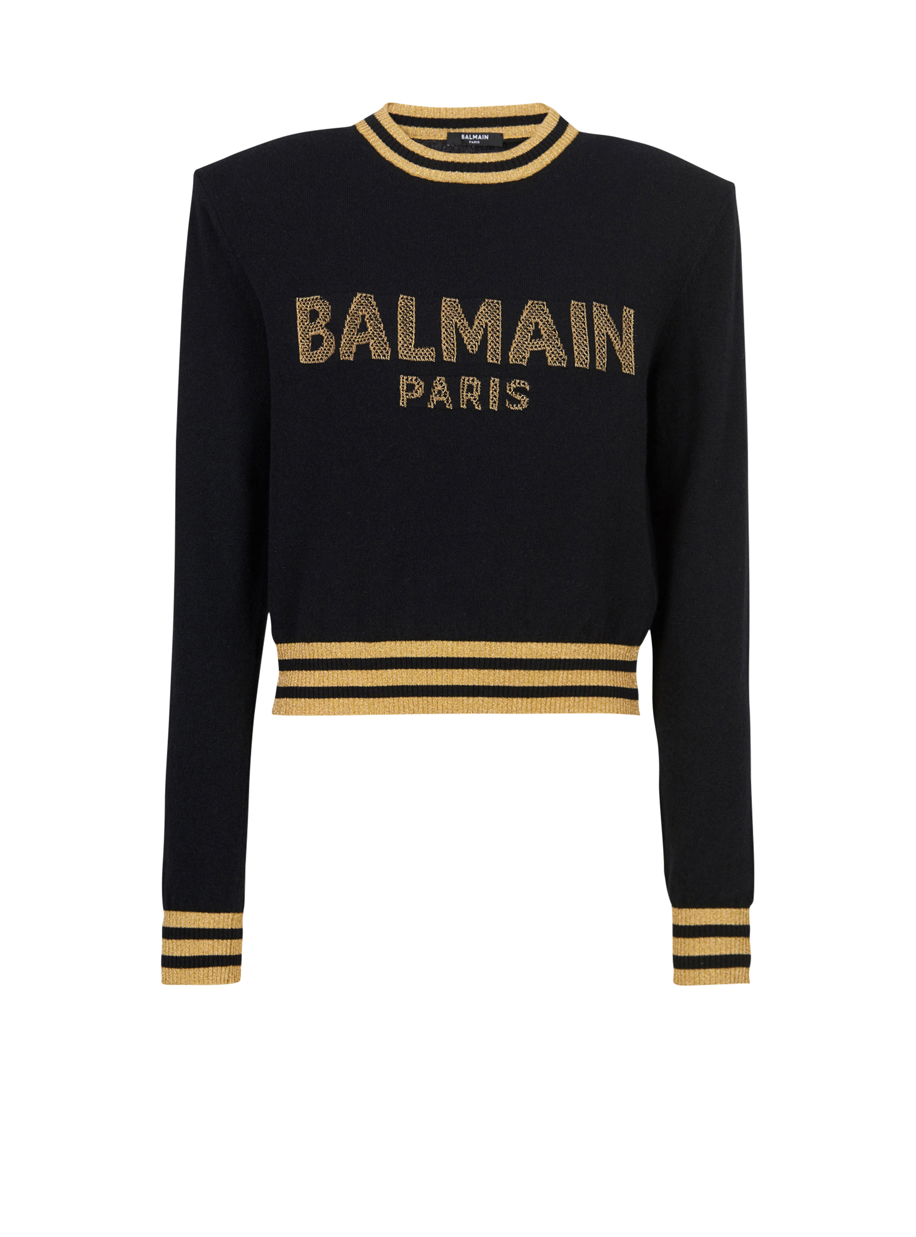 Cropped-Sweatshirt aus Wolle mit goldfarbenem Balmain Logo, schwarz