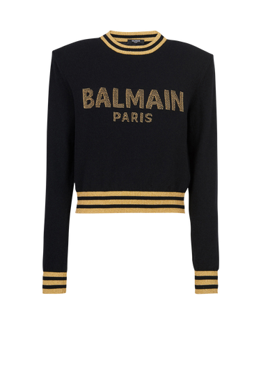 Cropped wool sweatshirt with gold Balmain logo