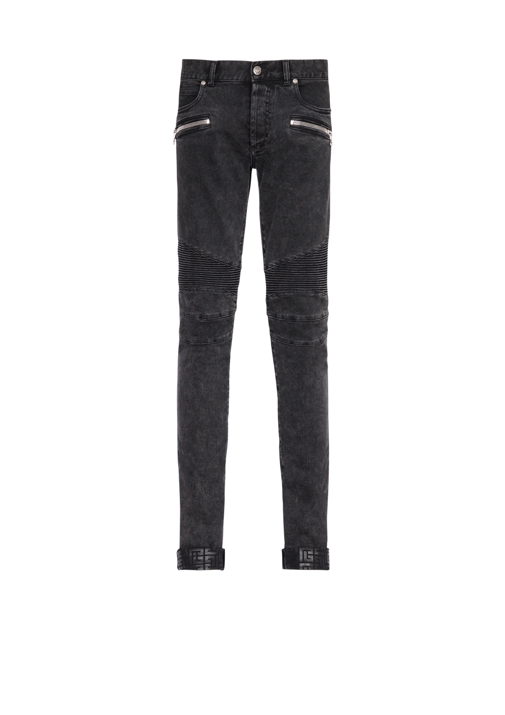 Slim Fit Jeans aus Baumwolle mit Bleach-Effekt, geriffelten Details und Balmain-Monogramm am Saum, schwarz, hi-res