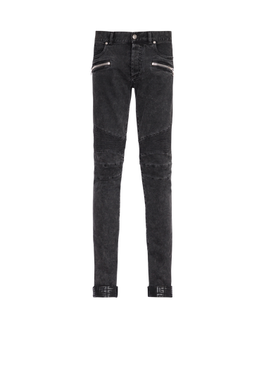 Slim Fit Jeans aus Baumwolle mit Bleach-Effekt, geriffelten Details und Balmain-Monogramm am Saum