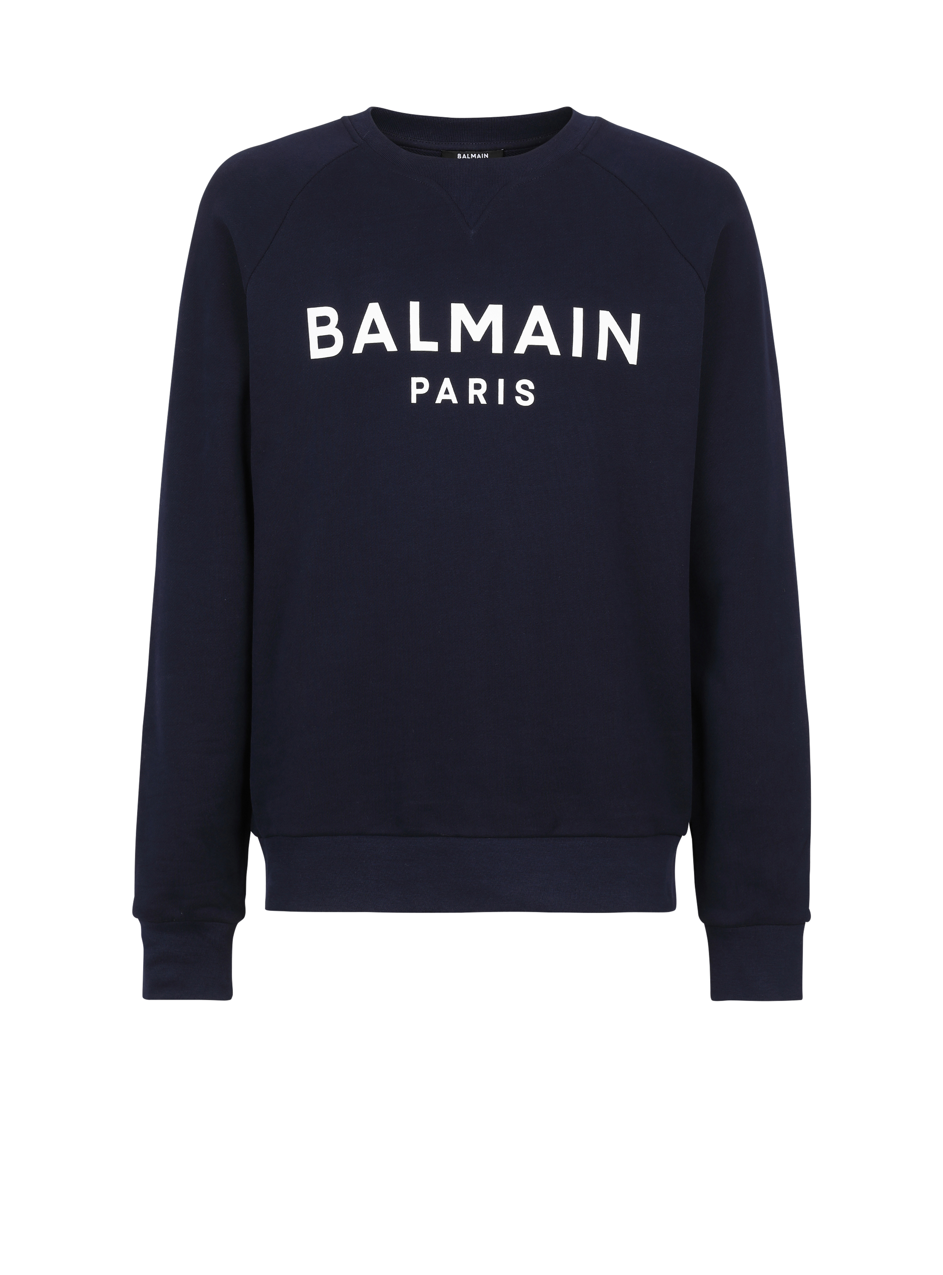 Sweatshirt aus Baumwolle mit geflocktem „Balmain Paris“-Logo, marineblau