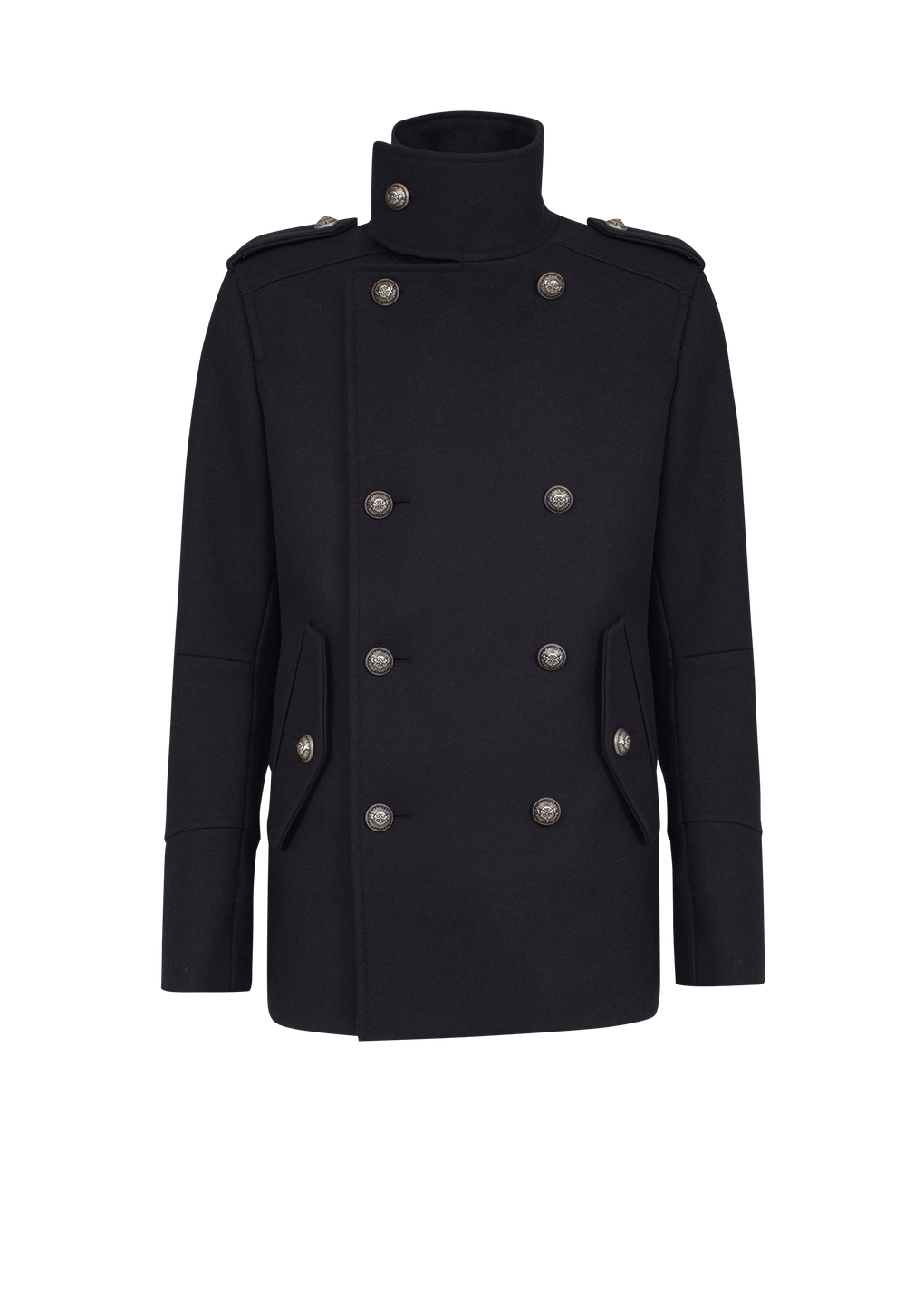 Cabanjacke aus Wolle im Military-Stil mit doppelreihigem silberfarbenem Knopfverschluss, schwarz, hi-res