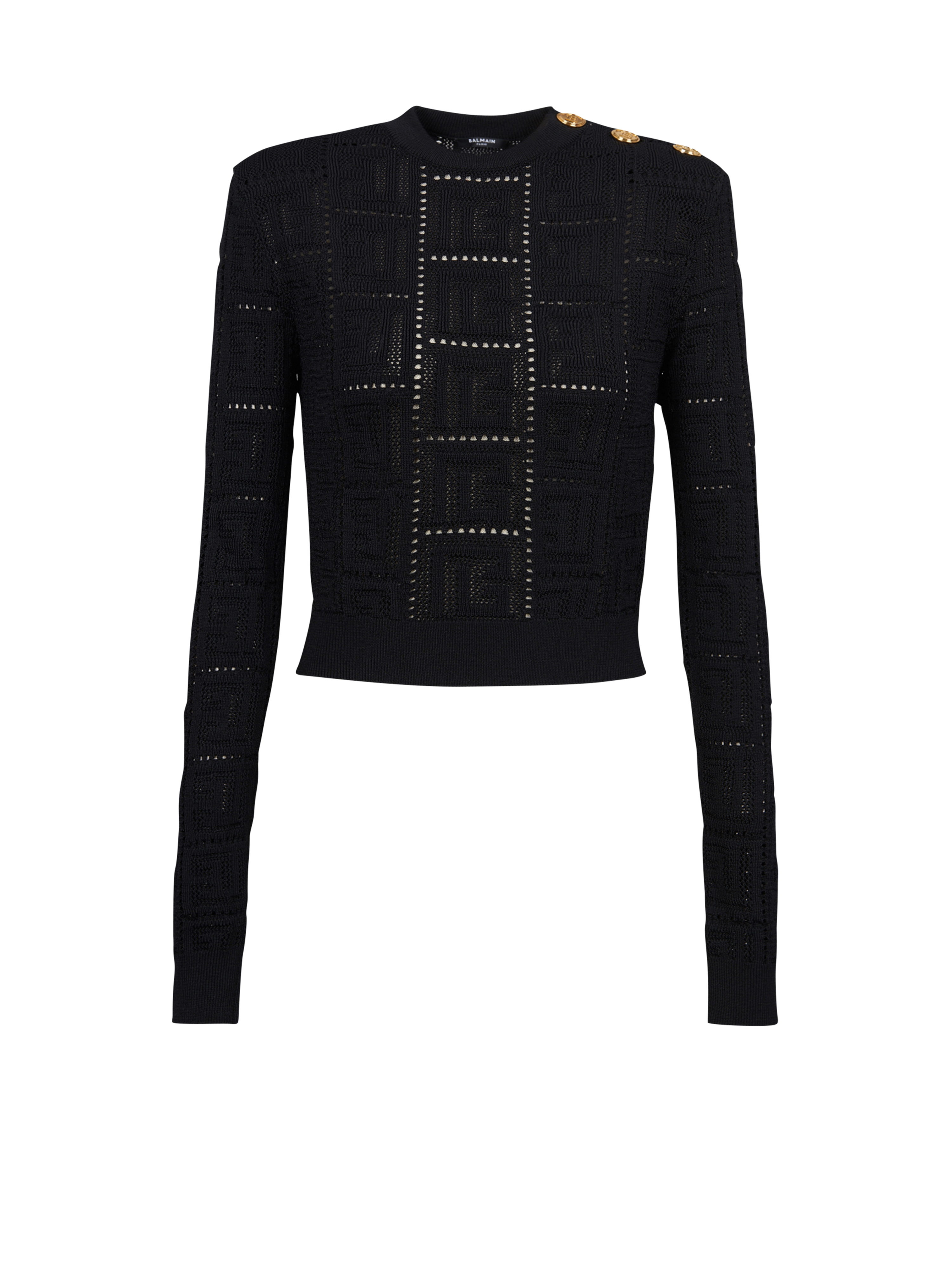 Cropped eco-designed sweater with Balmain monogram, black