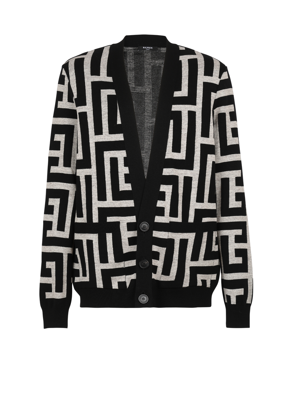Oversize-Cardigan aus Wolle mit Maxi-Balmain-Monogramm, schwarz, hi-res