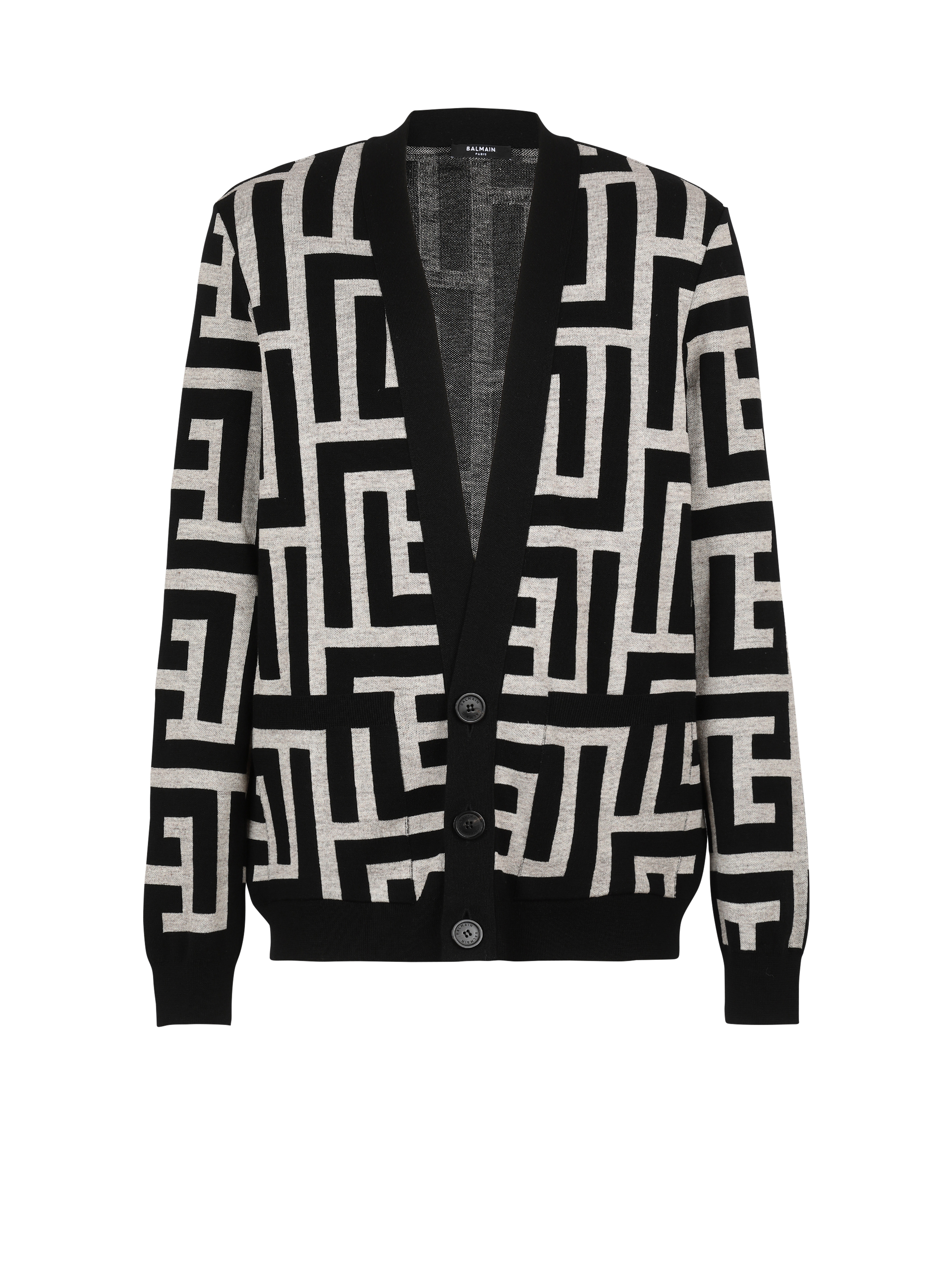 Oversize-Cardigan aus Wolle mit Maxi-Balmain-Monogramm, schwarz
