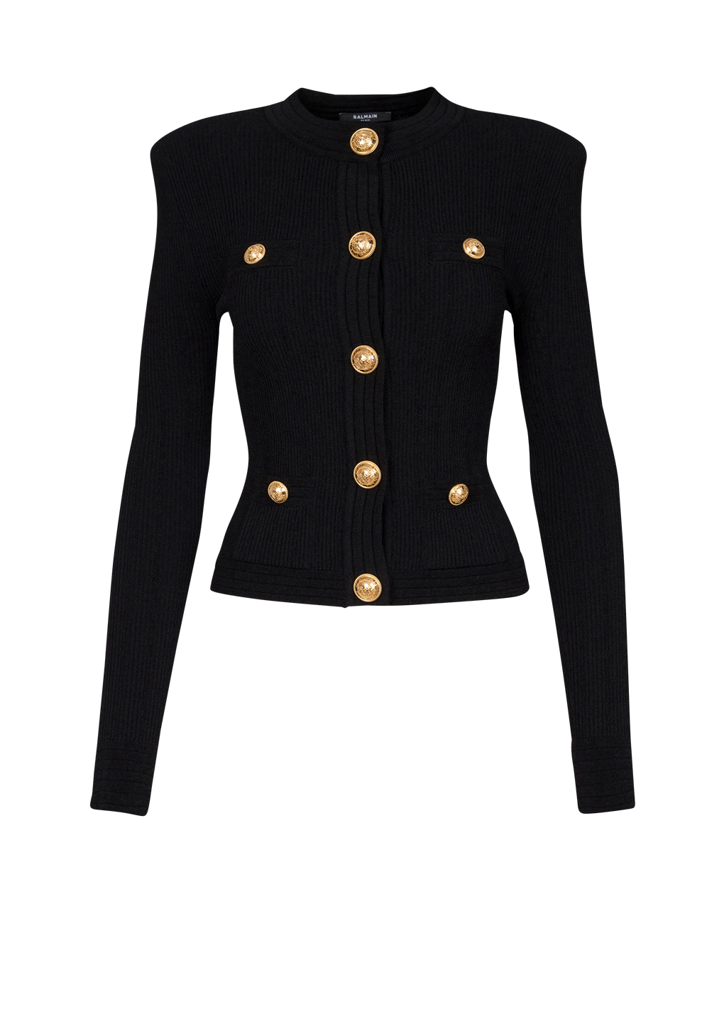 Cropped knit cardigan with gold-tone buttons, black, hi-res