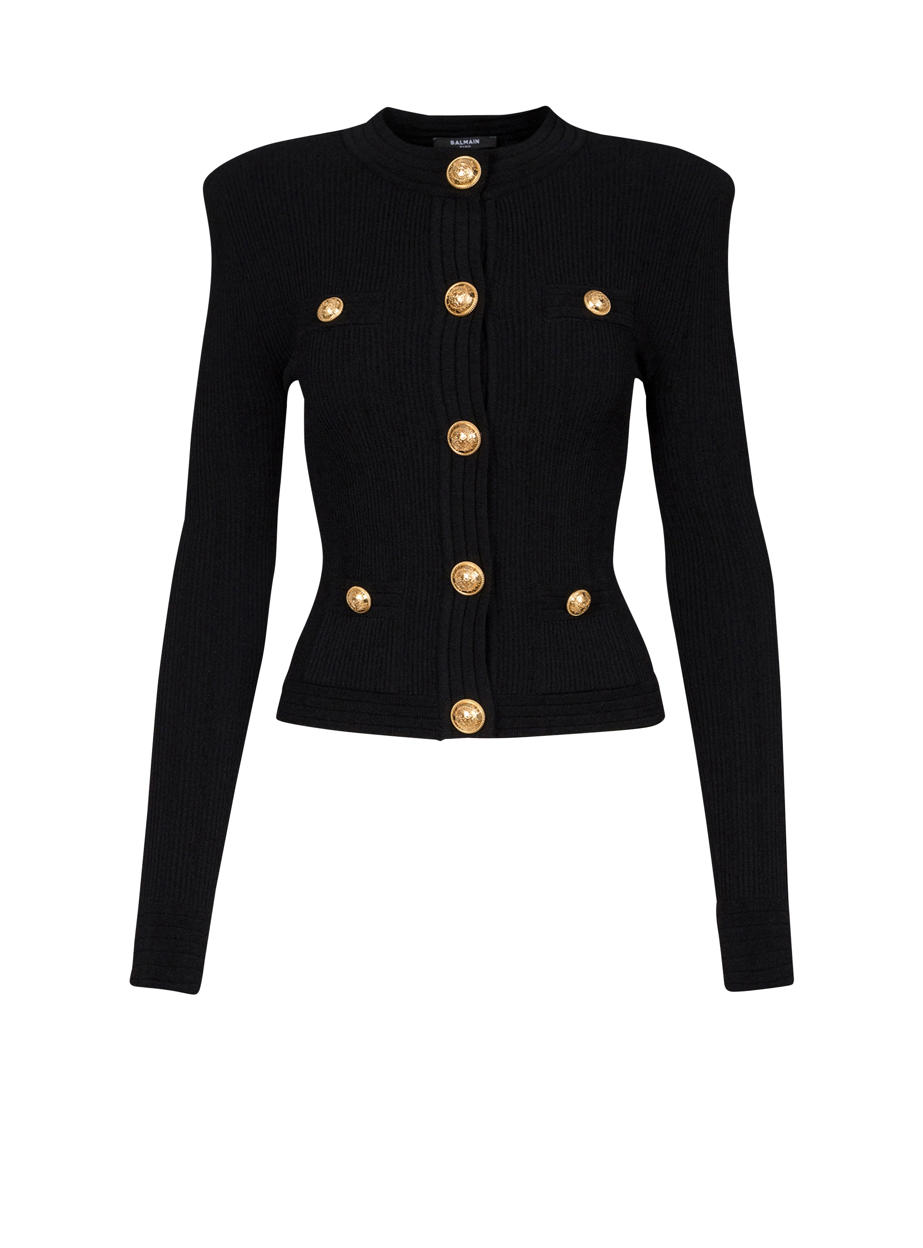 Cropped knit cardigan with gold-tone buttons, black
