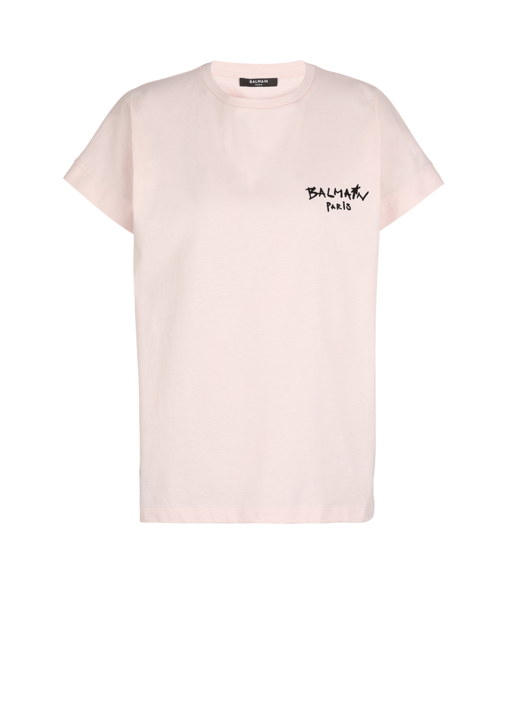 Cotton T-shirt with small flocked graffiti Balmain logo, pink, hi-res