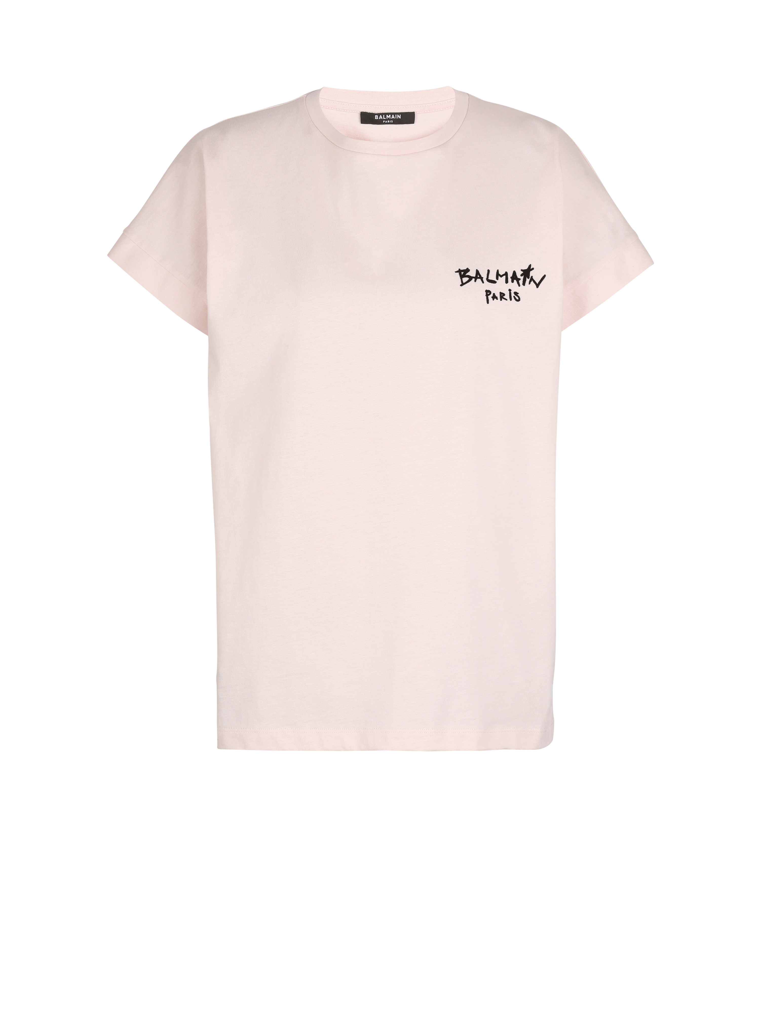 T-Shirt aus Baumwolle mit kleinem geflocktem Balmain-Graffiti-Logo, rosa