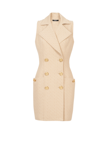 Kurzes Kleid aus Jacquard mit Balmain-Monogramm und goldfarbenem doppelreihigem Knopfverschluss