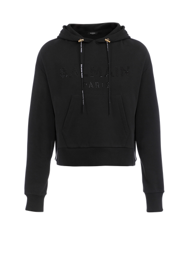 Cropped-Sweatshirt aus Bio-Baumwolle mit Balmain-Logo aus schwarzen Strasssteinen
