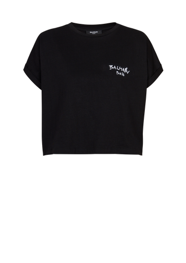 Cropped-T-Shirt aus Baumwolle mit kleinem geflocktem Balmain-Graffiti-Logo