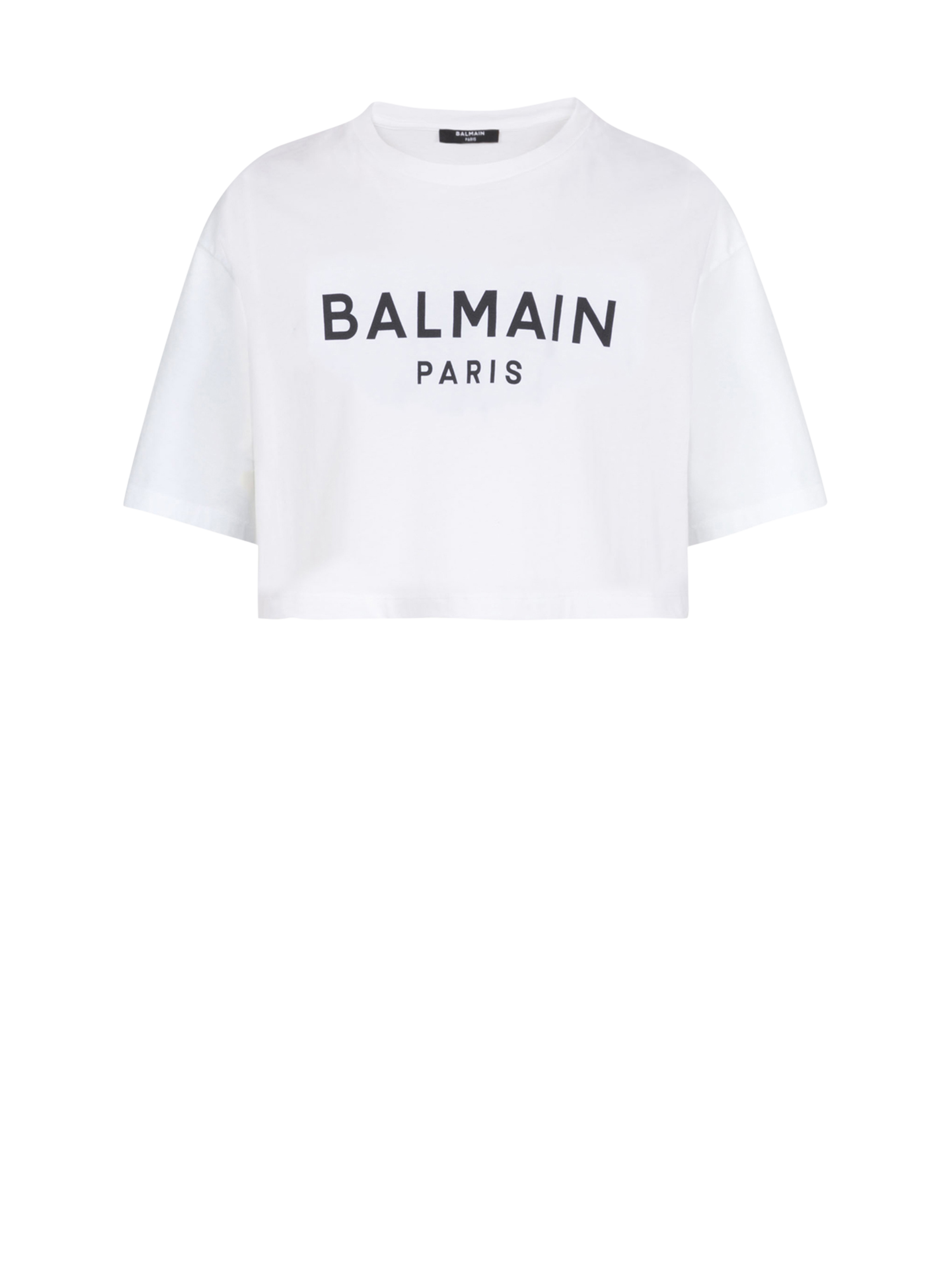 Kurzes T-Shirt aus Baumwolle mit Balmain Logo-Print, WeiB