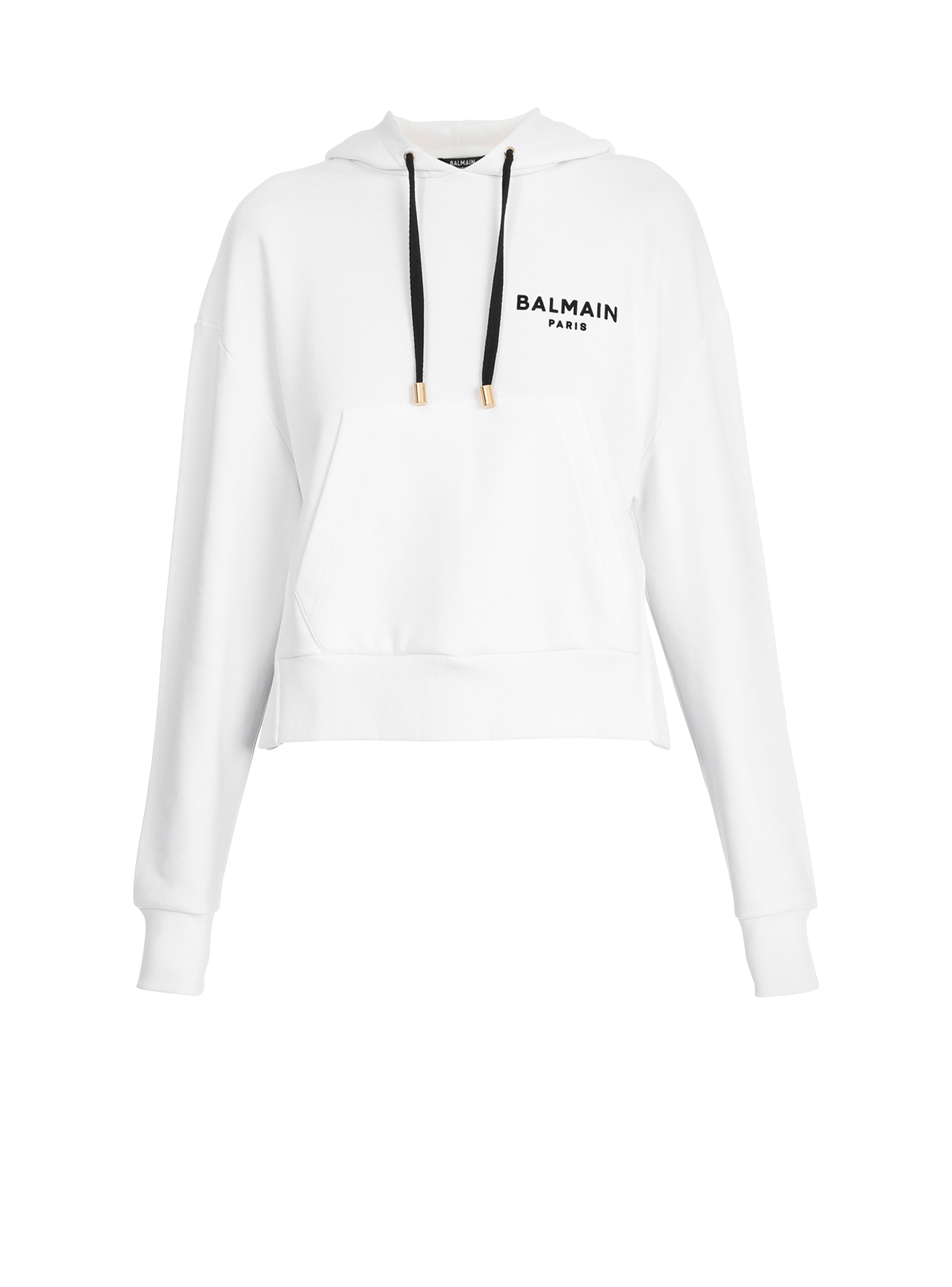 Cropped-Sweatshirt aus Bio-Baumwolle mit weißem geflocktem Balmain-Logo, WeiB