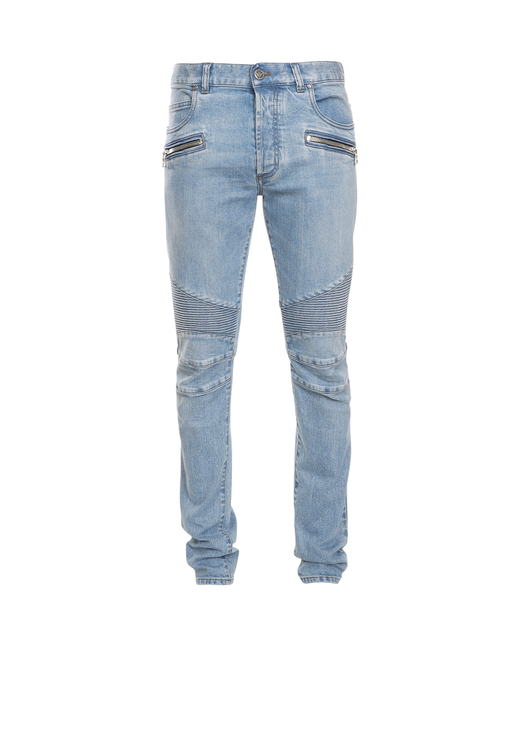 Schmal geschnittene Jeans aus Baumwolle mit Balmain-Monogramm, blau, hi-res