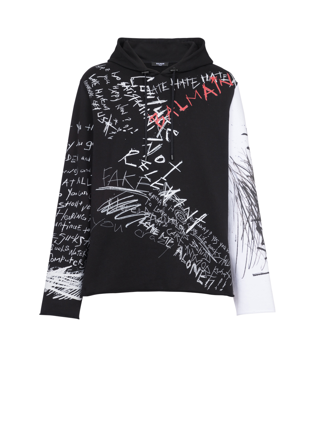 Kapuzensweatshirt aus Baumwolle mit Balmain Graffiti-Logo-Print, schwarz, hi-res