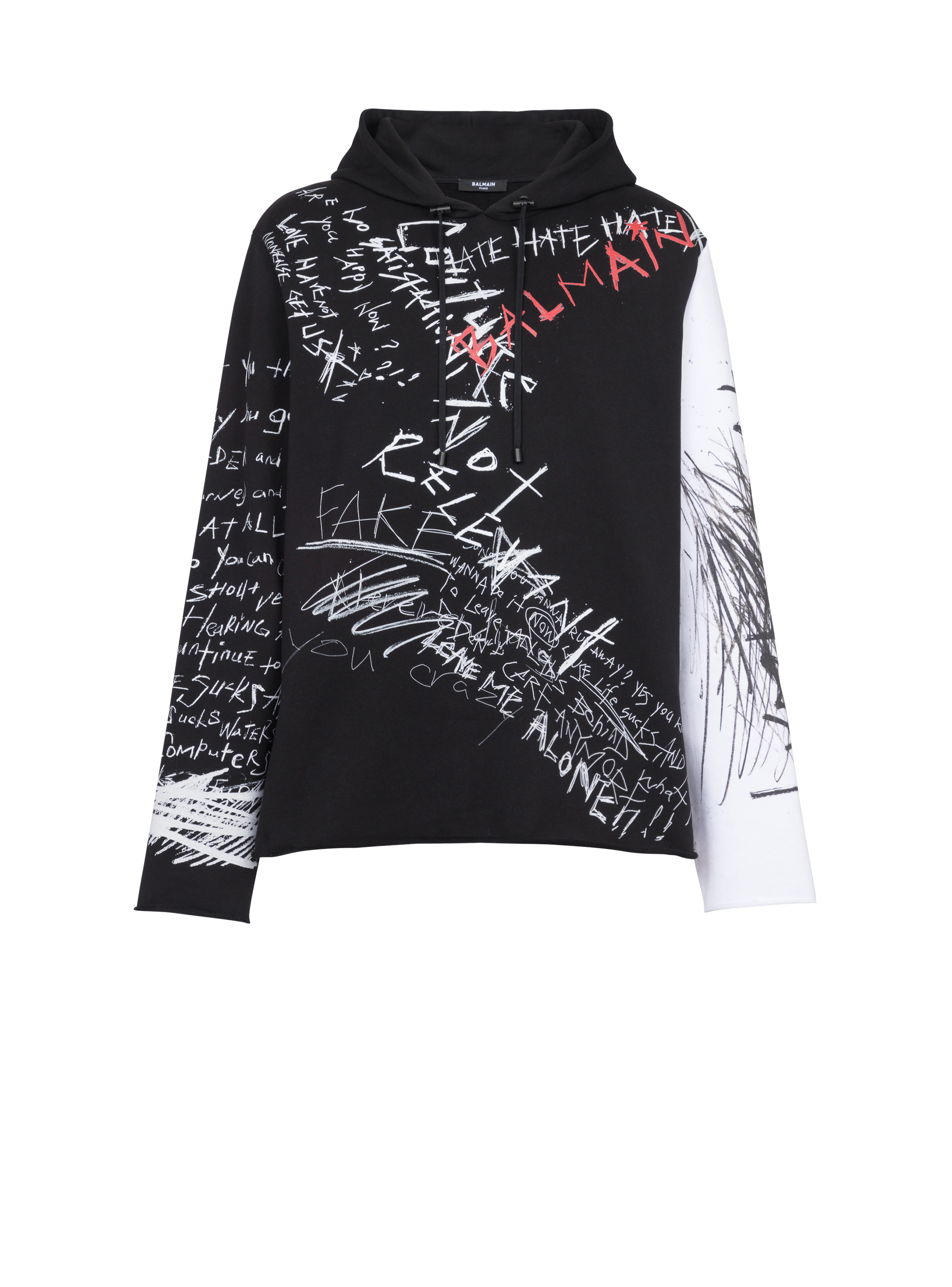 Kapuzensweatshirt aus Baumwolle mit Balmain Graffiti-Logo-Print, schwarz