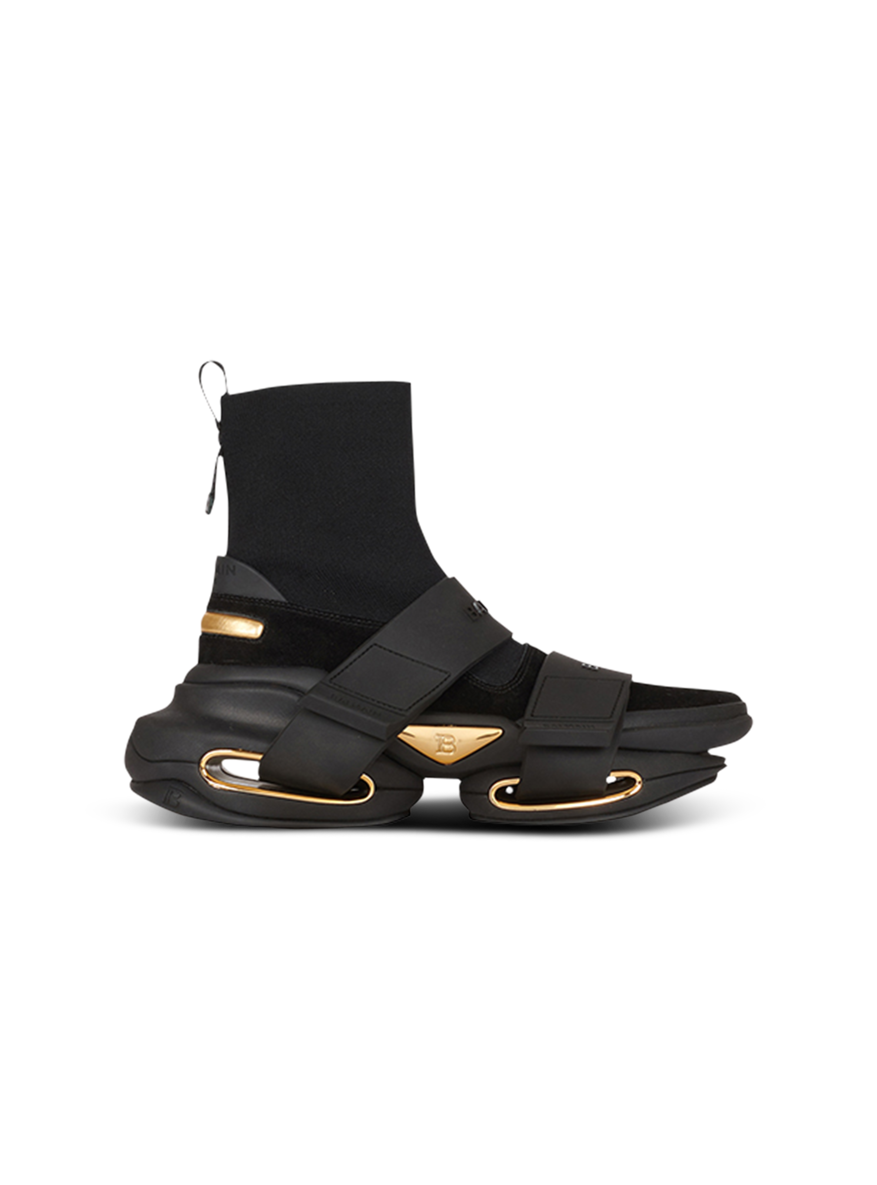 B-Bold High-Top-Sneaker aus Veloursleder und Strick mit Riemen, schwarz