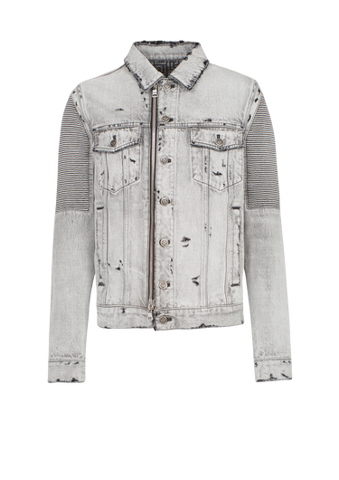 Jeansjacke im Destroyed-Look mit Bleach-Effekt und geriffelten Paneelen