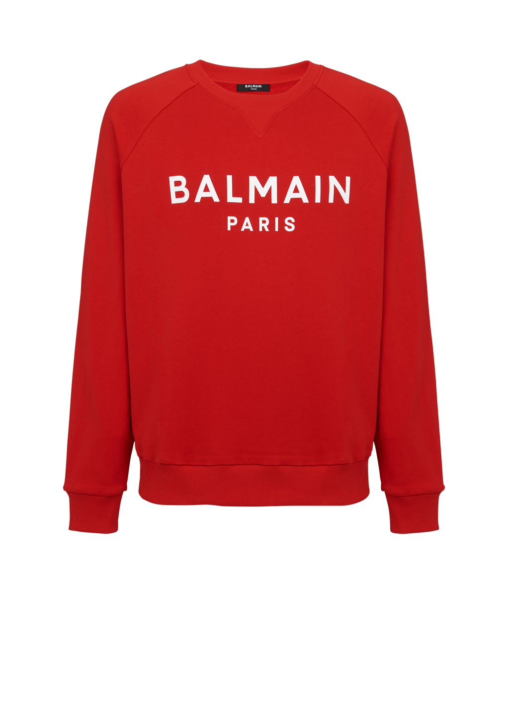 Sweatshirt aus Baumwolle mit geflocktem „Balmain Paris“-Logo, rot, hi-res