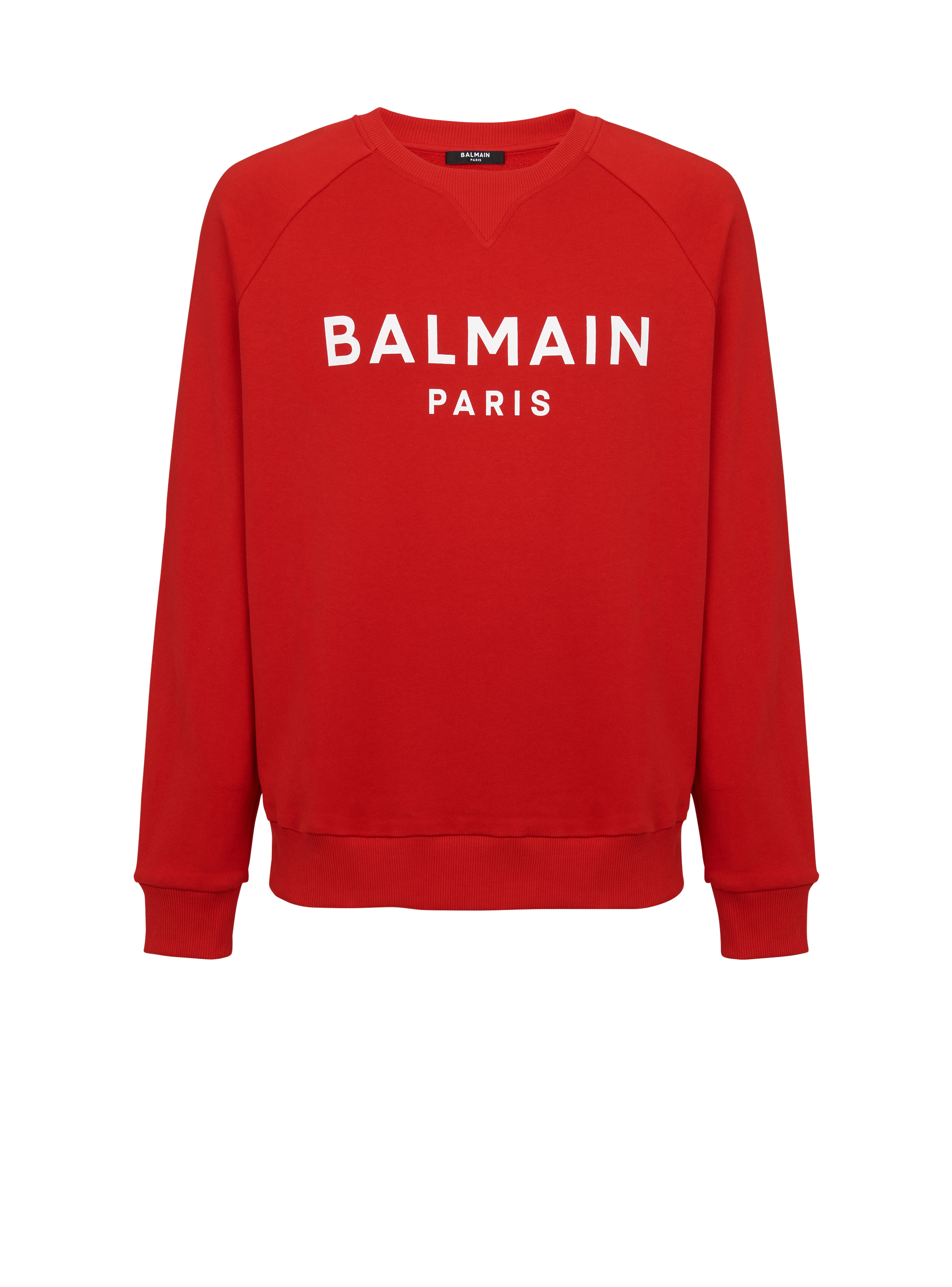 Sweatshirt aus Baumwolle mit geflocktem „Balmain Paris“-Logo, rot