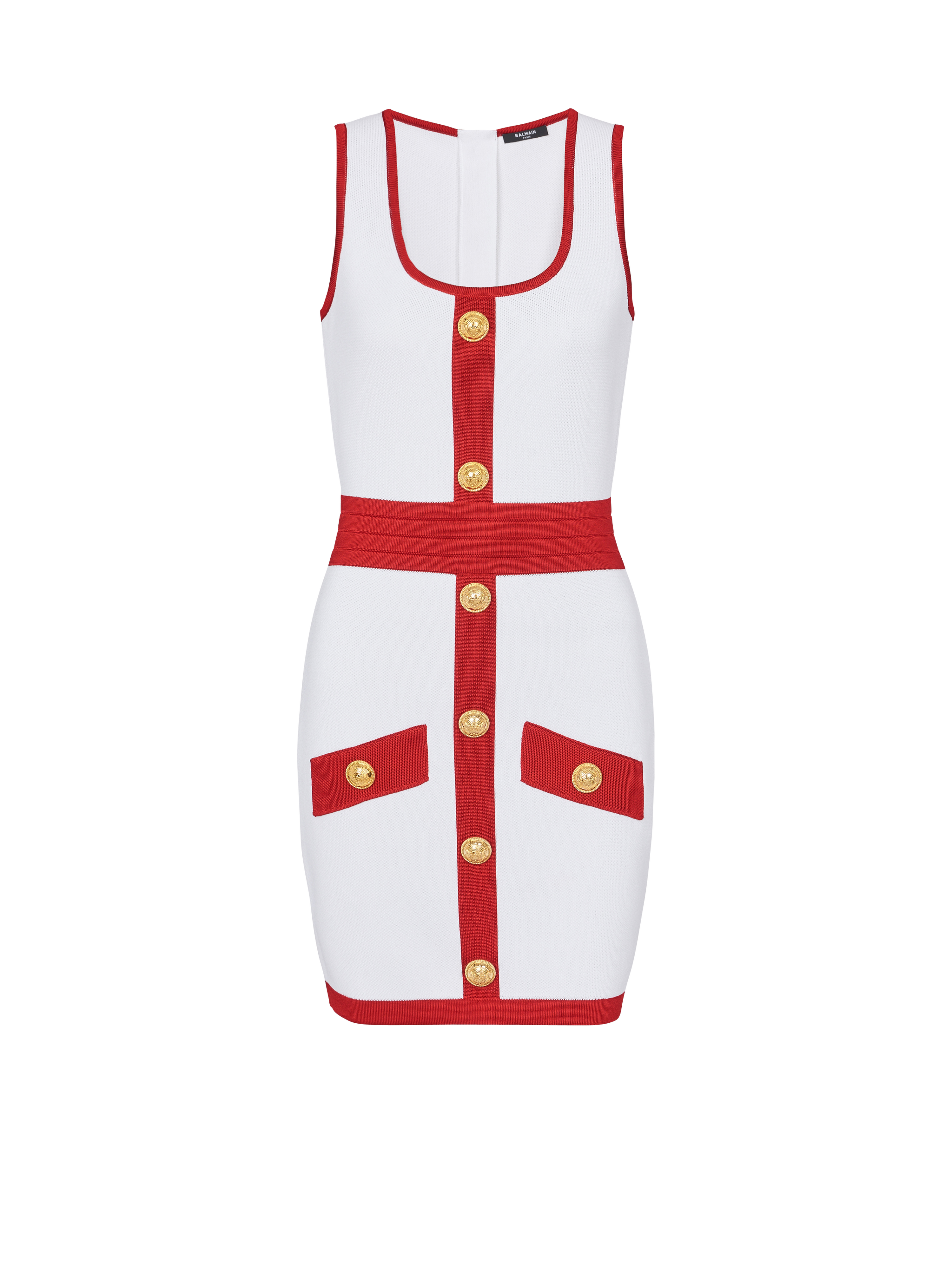 Strickkleid in Weiß und Beige mit goldfarbenen Knöpfen, rot