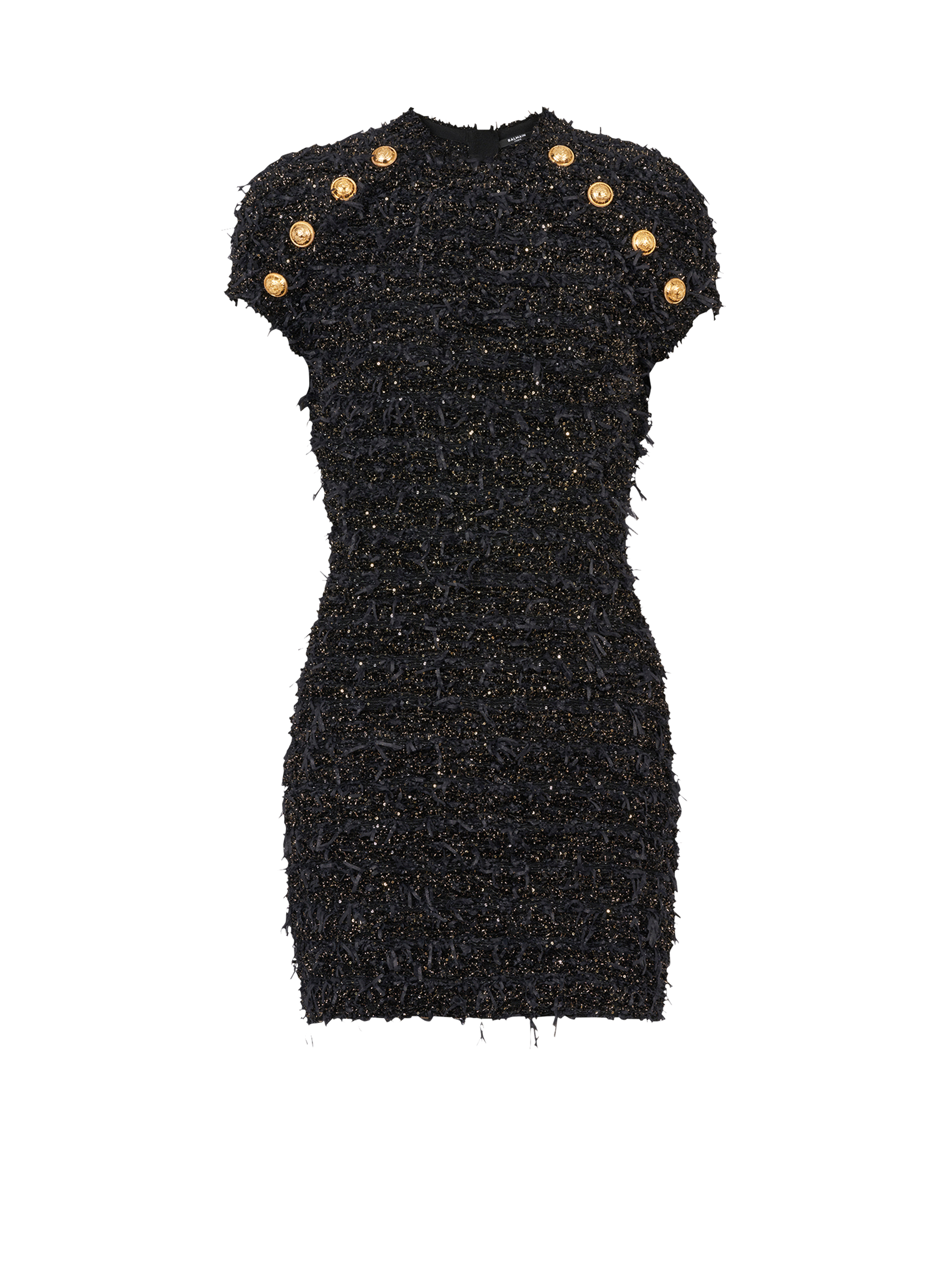 Short tweed dress with gold-tone buttons, black