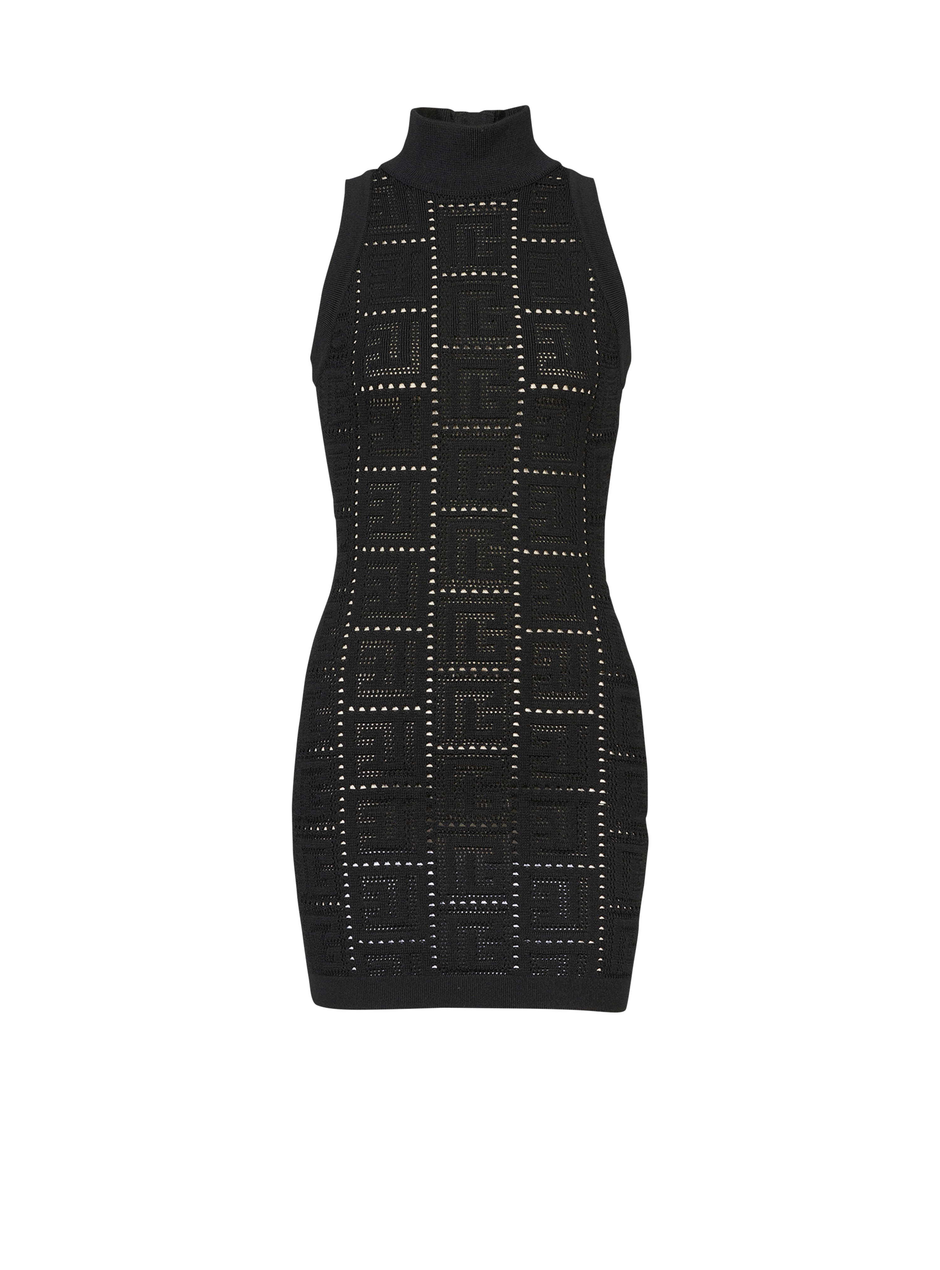 Kurzes Strickkleid im Öko-Design mit Balmain-Monogramm, schwarz