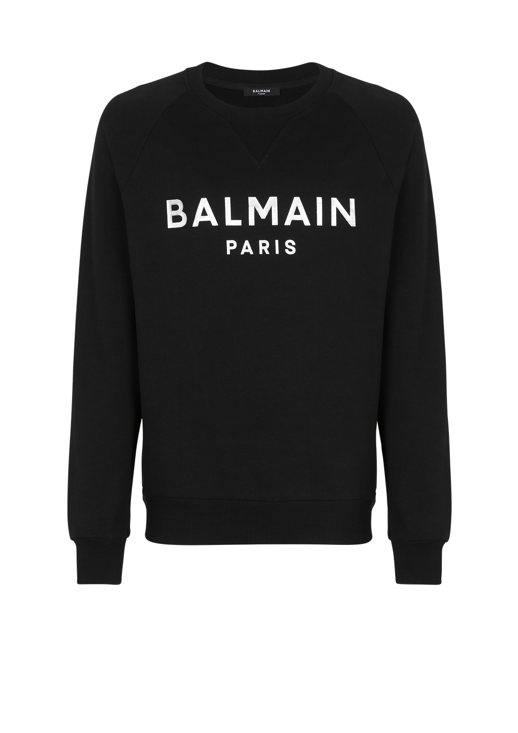 Sweatshirt aus Baumwolle mit „Balmain Paris”-Logo-Print in Metallic-Optik, schwarz, hi-res