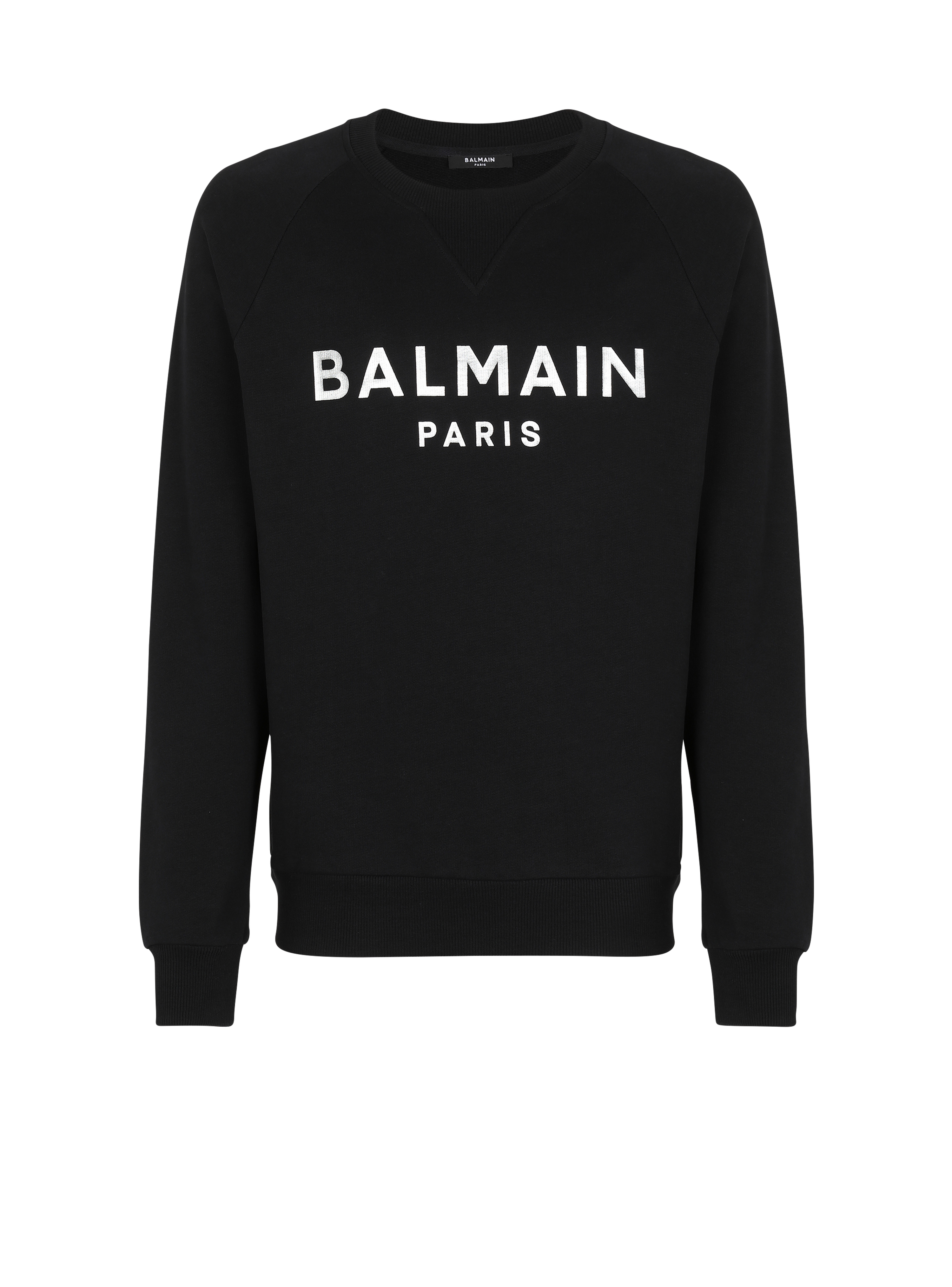 Sweatshirt aus Baumwolle mit „Balmain Paris”-Logo-Print in Metallic-Optik, schwarz