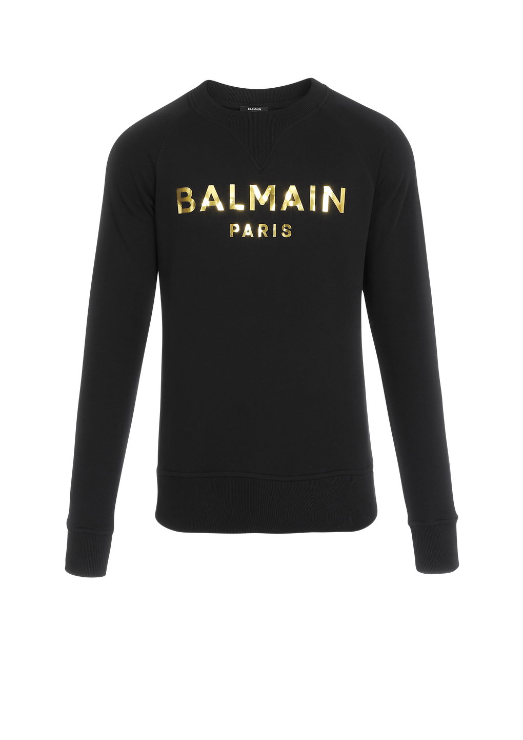 Sweatshirt aus Baumwolle mit „Balmain Paris”-Logo-Print in Metallic-Optik, golden, hi-res