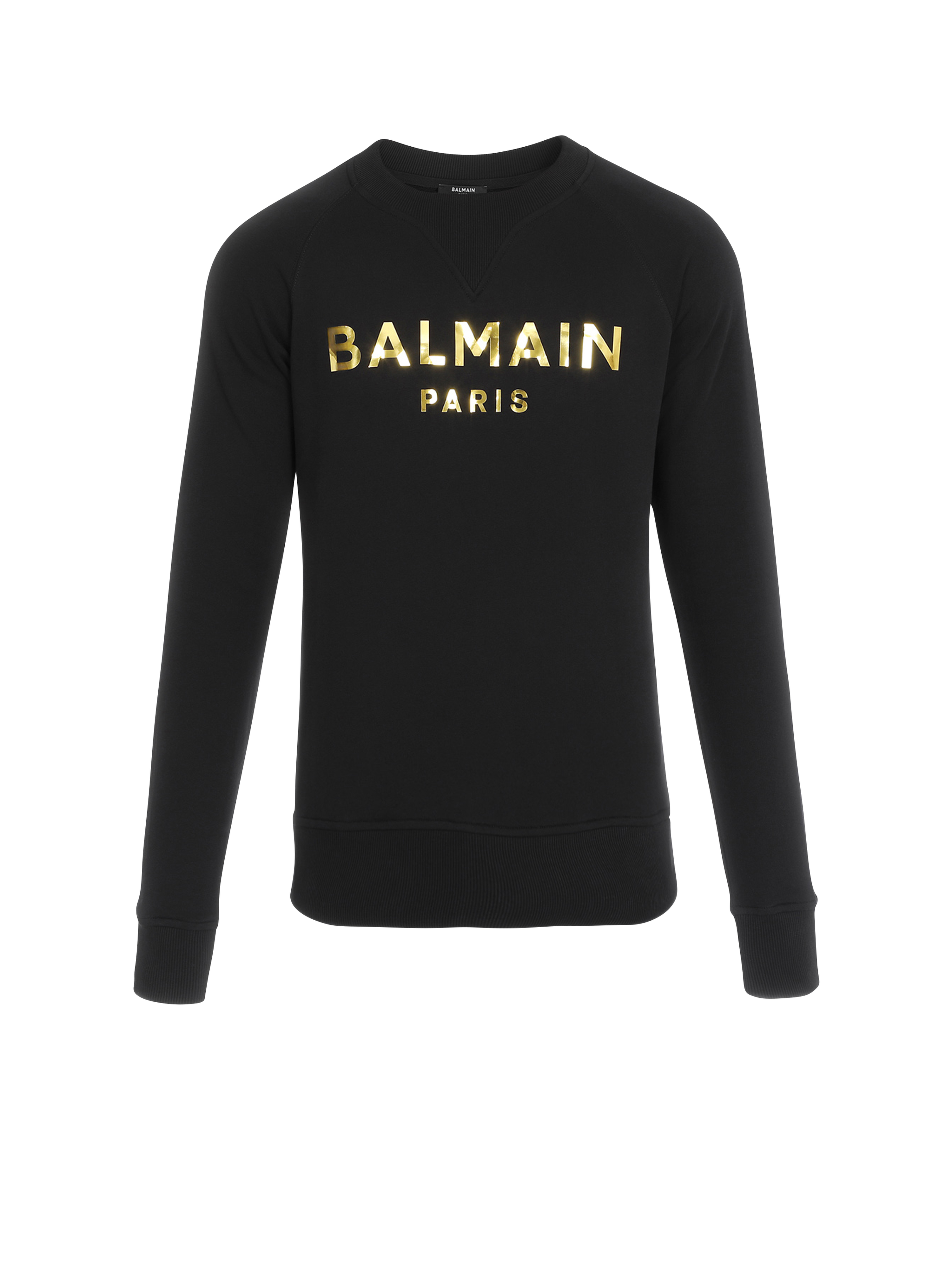 Sweatshirt aus Baumwolle mit „Balmain Paris”-Logo-Print in Metallic-Optik, golden