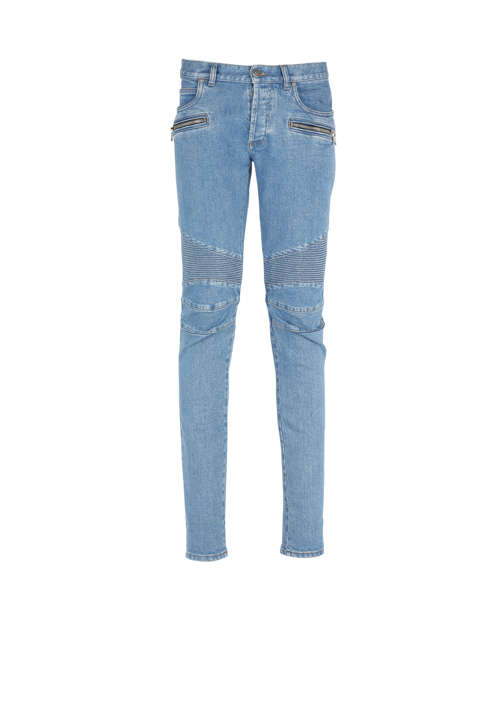Schmal geschnittene Jeans aus Baumwolle mit geriffelten Details und Balmain-Monogramm am Saum, blau, hi-res