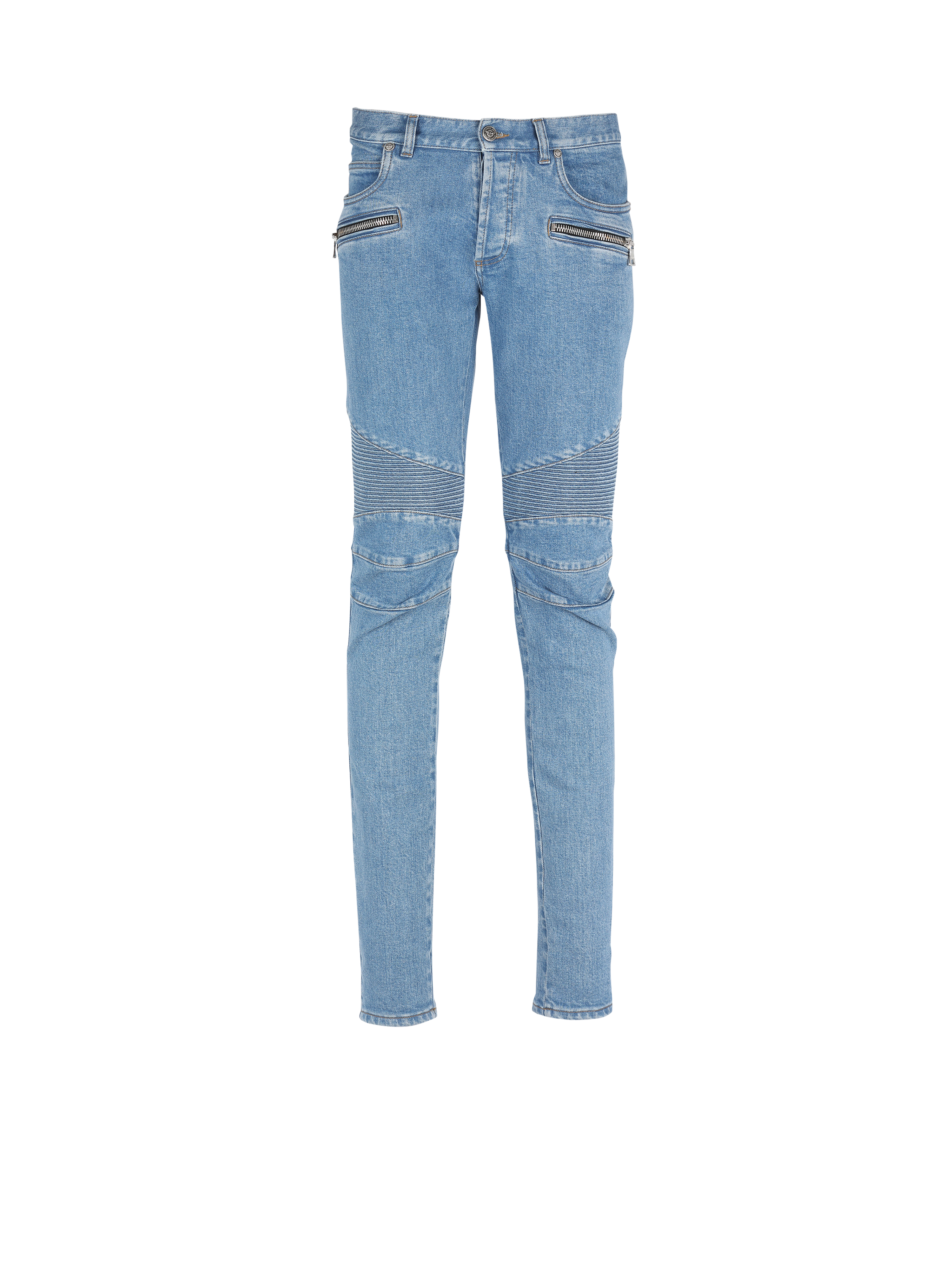 Schmal geschnittene Jeans aus Baumwolle mit geriffelten Details und Balmain-Monogramm am Saum, blau