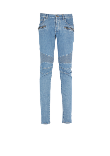 Schmal geschnittene Jeans aus Baumwolle mit geriffelten Details und Balmain-Monogramm am Saum