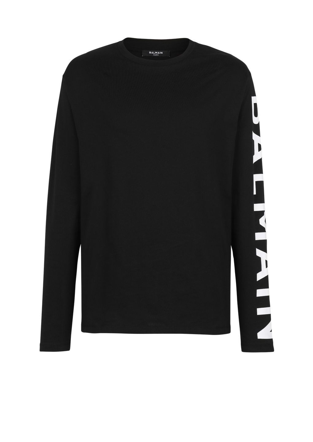 Langärmliges T-Shirt aus Baumwolle mit Balmain-Logo am Ärmel, schwarz, hi-res
