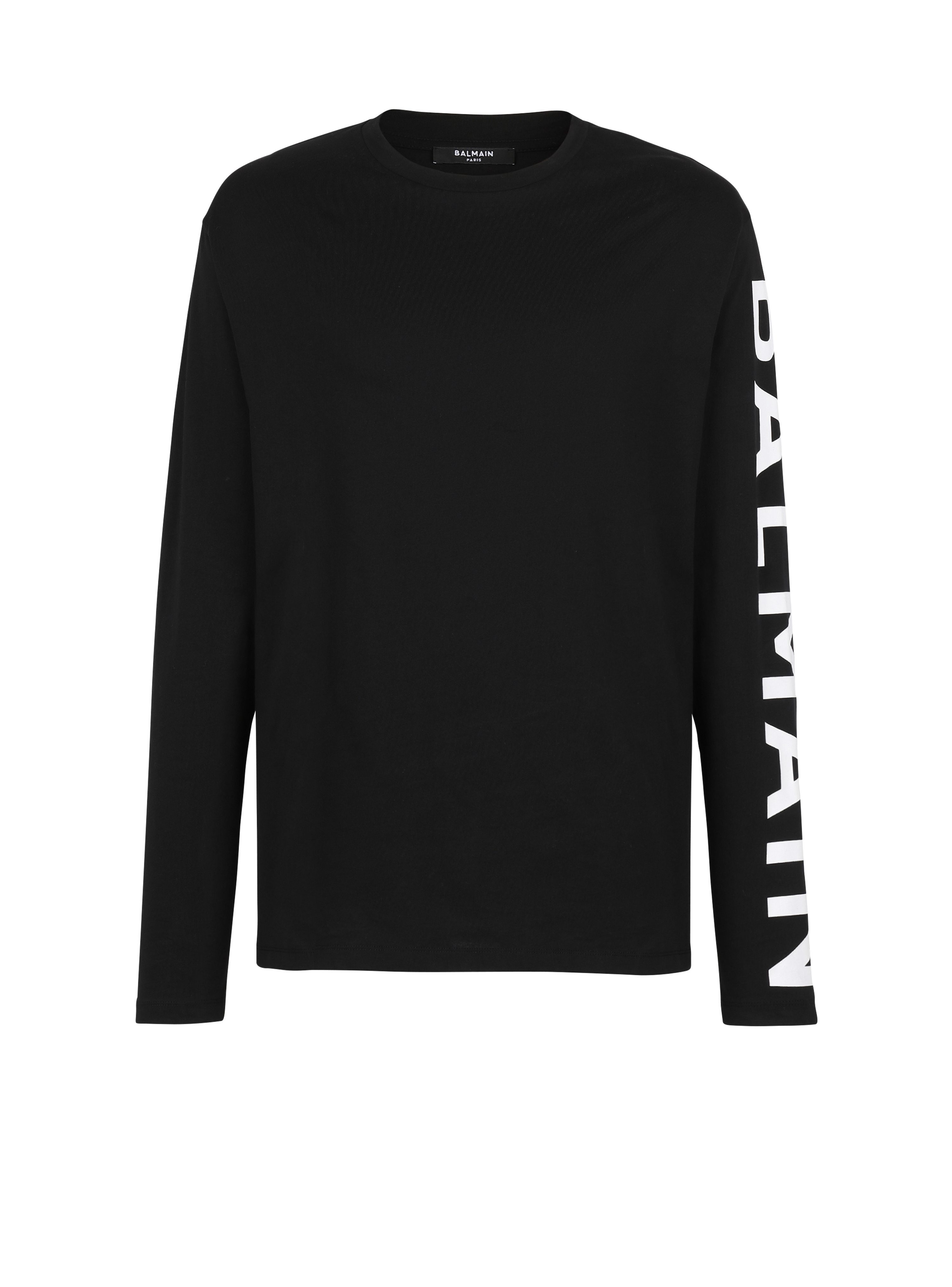 Langärmliges T-Shirt aus Baumwolle mit Balmain-Logo am Ärmel, schwarz